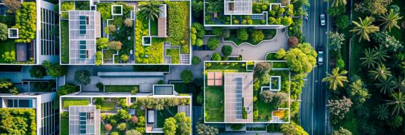 KI generiertes Luftbild auf begrünte Häuser